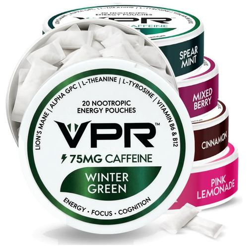 VPR Variety Pack, five cans of 75mg caffeine nootropic pouches, one open
